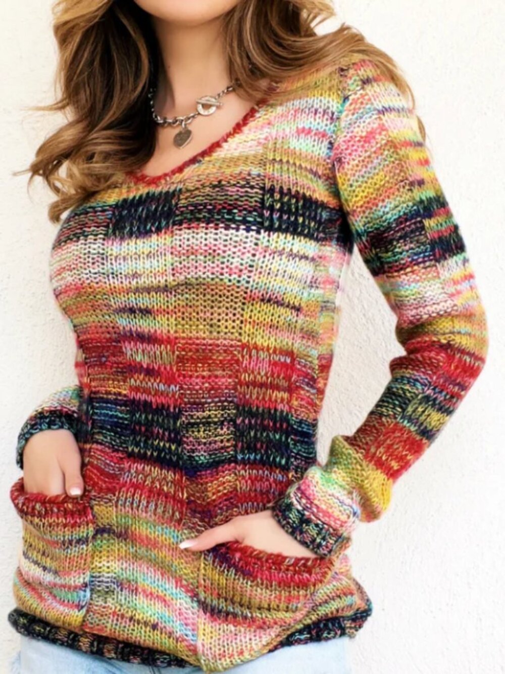 Bobby Brooks Vintage Colorful Rainbow Striped Knit V-Neck Sweater Oversized